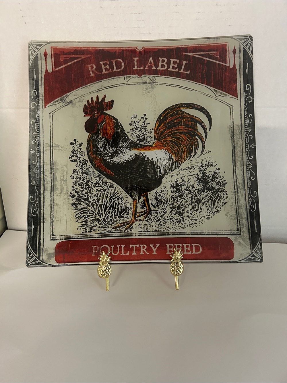 Vintage-Style Red Rooster Glass Cracker Barrel Platter